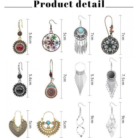 12 Pairs Bohemian Vintage Drop Dangle Earrings For Women Statement Tassel Boho Earring Set Christmas Jewelry